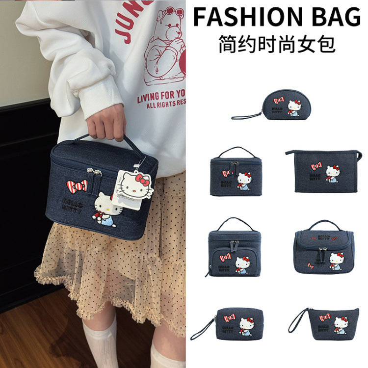 HK genuine authorized denim heavy industry embroidery cosmetic bag cute large capacity portable storage cosmetic case