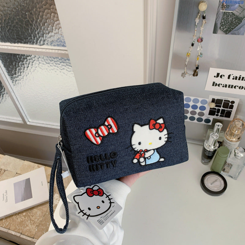 HK genuine authorized denim heavy industry embroidery cosmetic bag cute large capacity portable storage cosmetic case