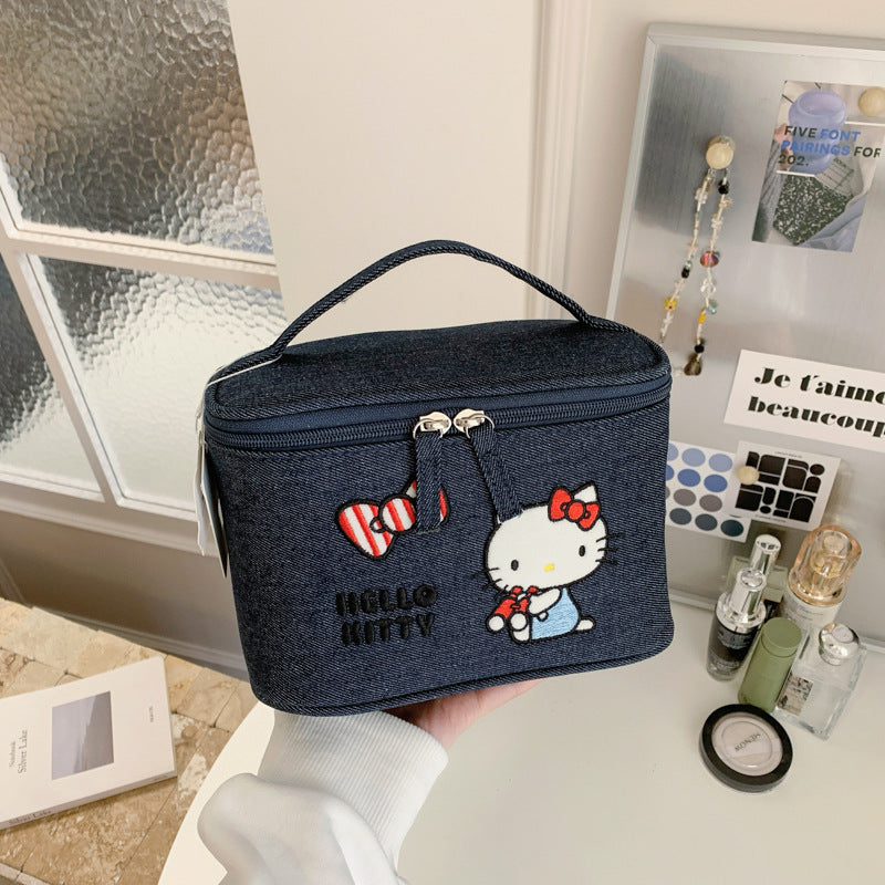 HK genuine authorized denim heavy industry embroidery cosmetic bag cute large capacity portable storage cosmetic case