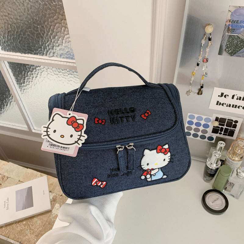 HK genuine authorized denim heavy industry embroidery cosmetic bag cute large capacity portable storage cosmetic case