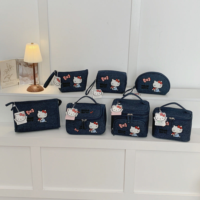 HK genuine authorized denim heavy industry embroidery cosmetic bag cute large capacity portable storage cosmetic case
