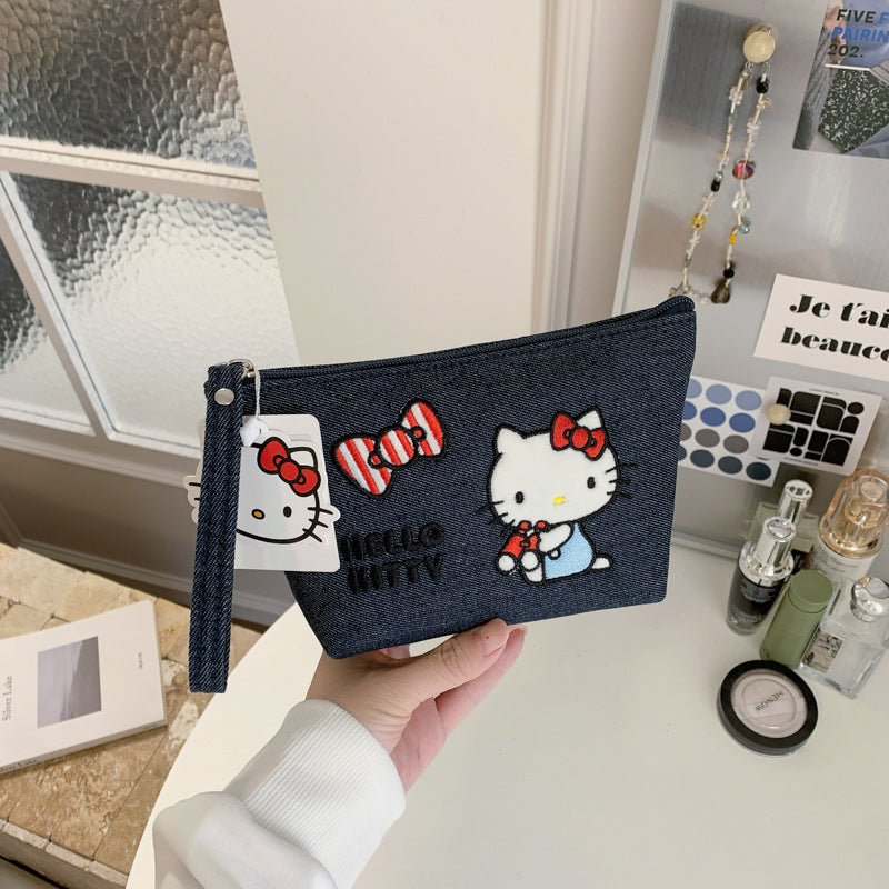 HK genuine authorized denim heavy industry embroidery cosmetic bag cute large capacity portable storage cosmetic case