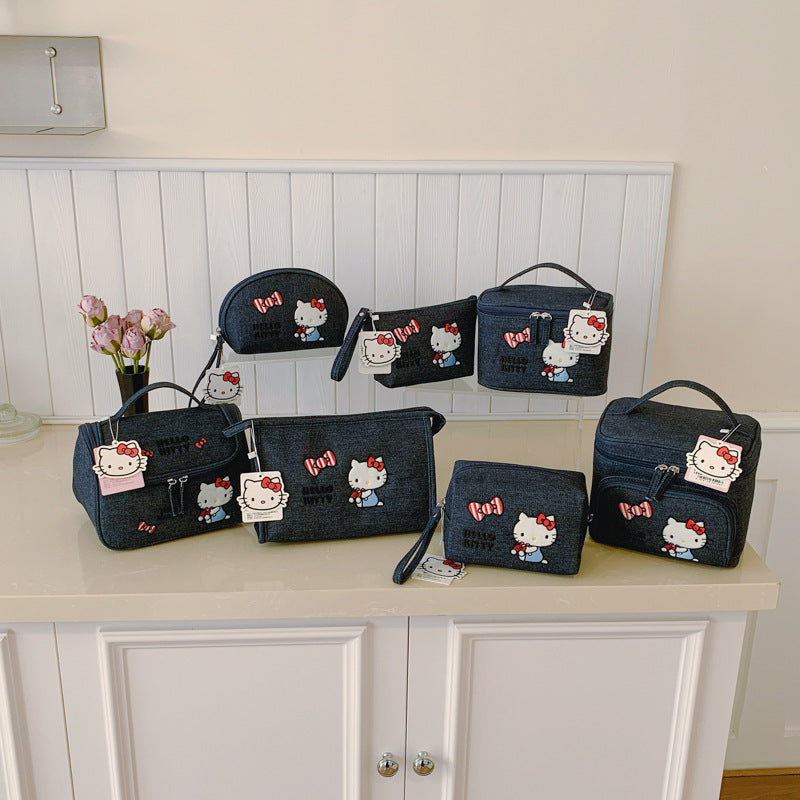 HK genuine authorized denim heavy industry embroidery cosmetic bag cute large capacity portable storage cosmetic case