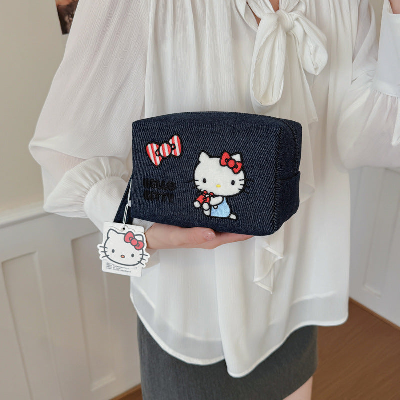 HK genuine authorized denim heavy industry embroidery cosmetic bag cute large capacity portable storage cosmetic case