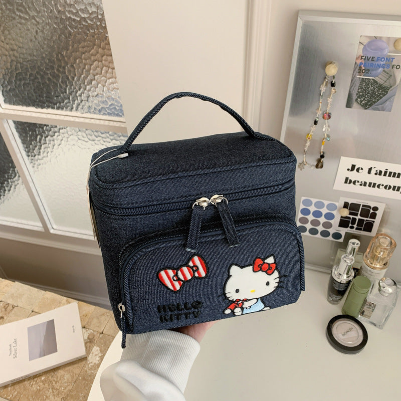 HK genuine authorized denim heavy industry embroidery cosmetic bag cute large capacity portable storage cosmetic case