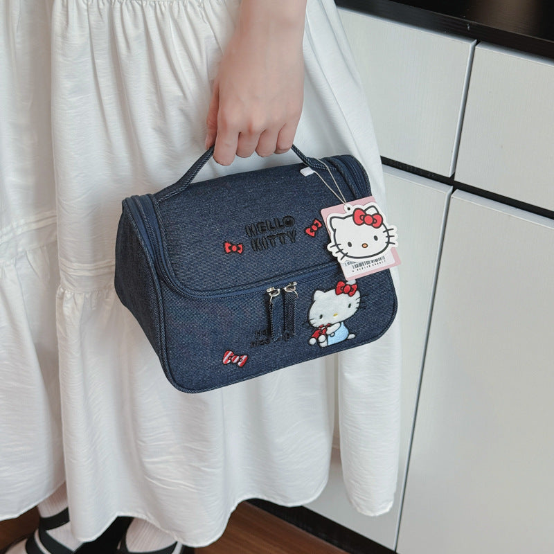 HK genuine authorized denim heavy industry embroidery cosmetic bag cute large capacity portable storage cosmetic case